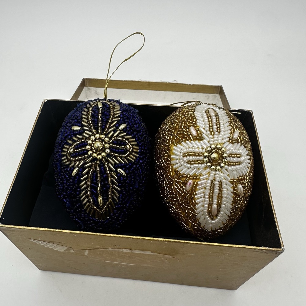 2 Hand Beaded 3" Egg-shaped Ornaments with Cross Design - Easter‎ Christmas VGT